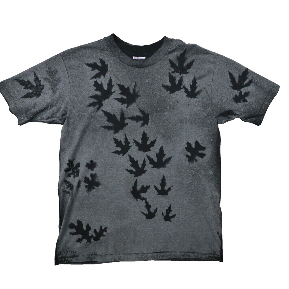Hanes Mens 50/50 Black Grey Leaf Stencil Single Stich Printed T Shirt size Large